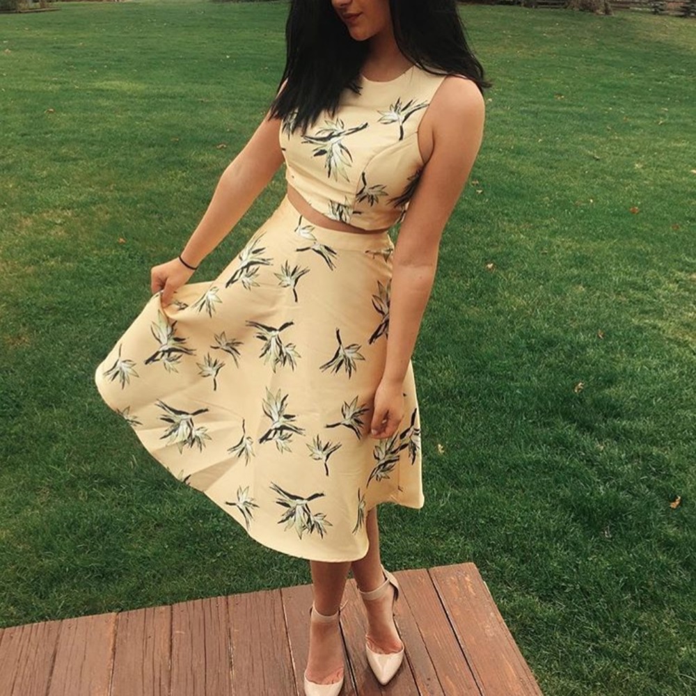 Yellow Print Formal 2 piece tea length dress